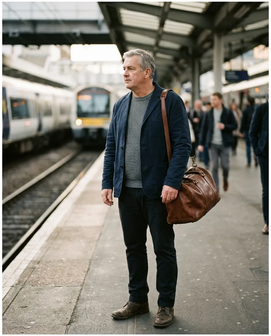A man in a navy travel jacket with a leather holdall on a train platform