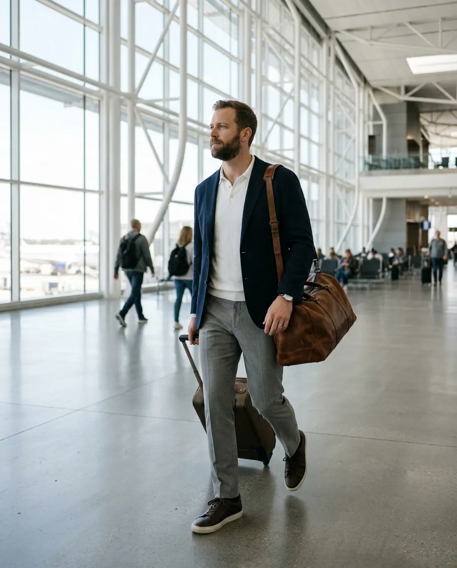 A man in a navy jacket and grey trousers with a leather weekender walking through a bright airport concourse