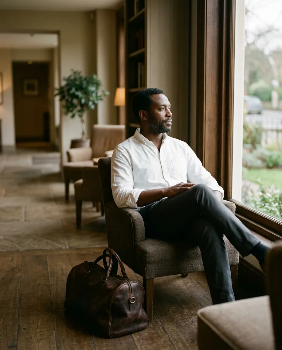 A man in a white oxford shirt in a hotel lobby armchair, a leather bag at his feet