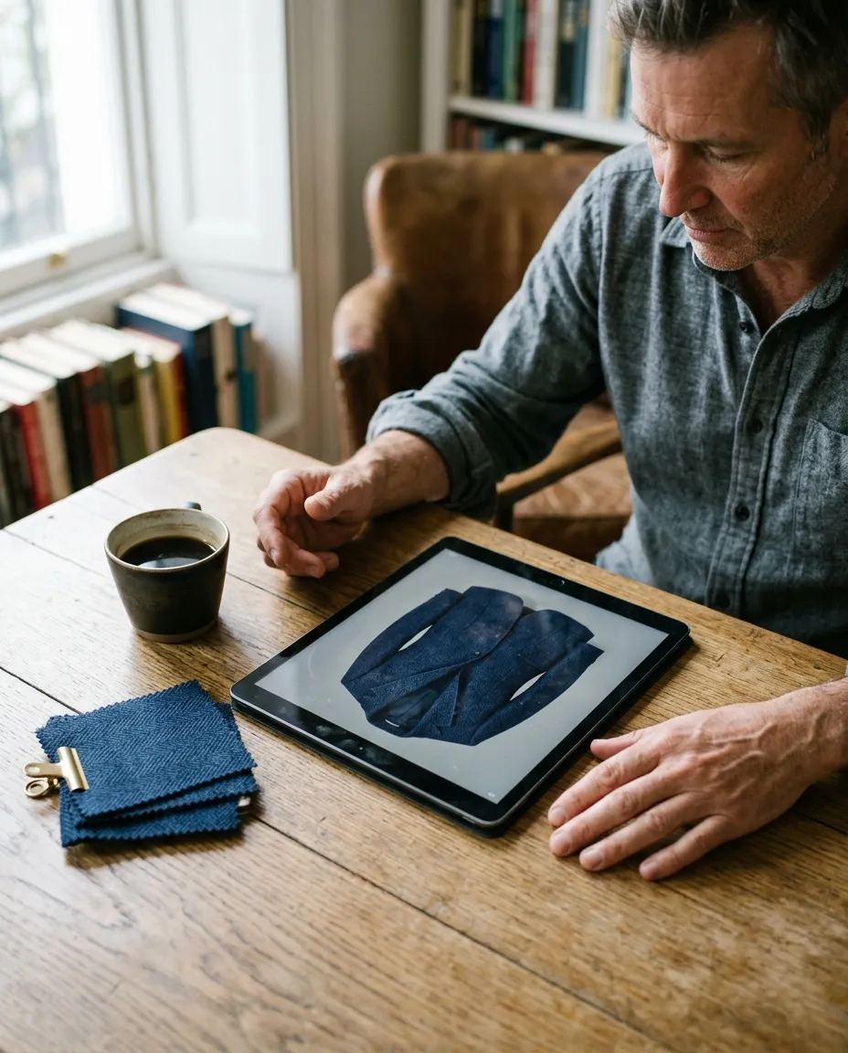 A tablet showing a navy herringbone sport coat beside swatches of the same cloth