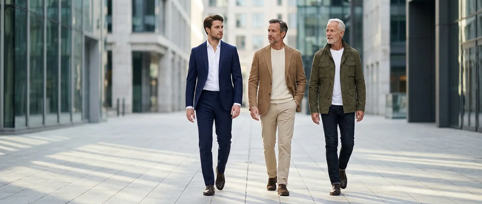 Three men of different ages crossing a modern city plaza, one in a navy suit, one in a tan sport coat and chinos, one in an olive field jacket and jeans